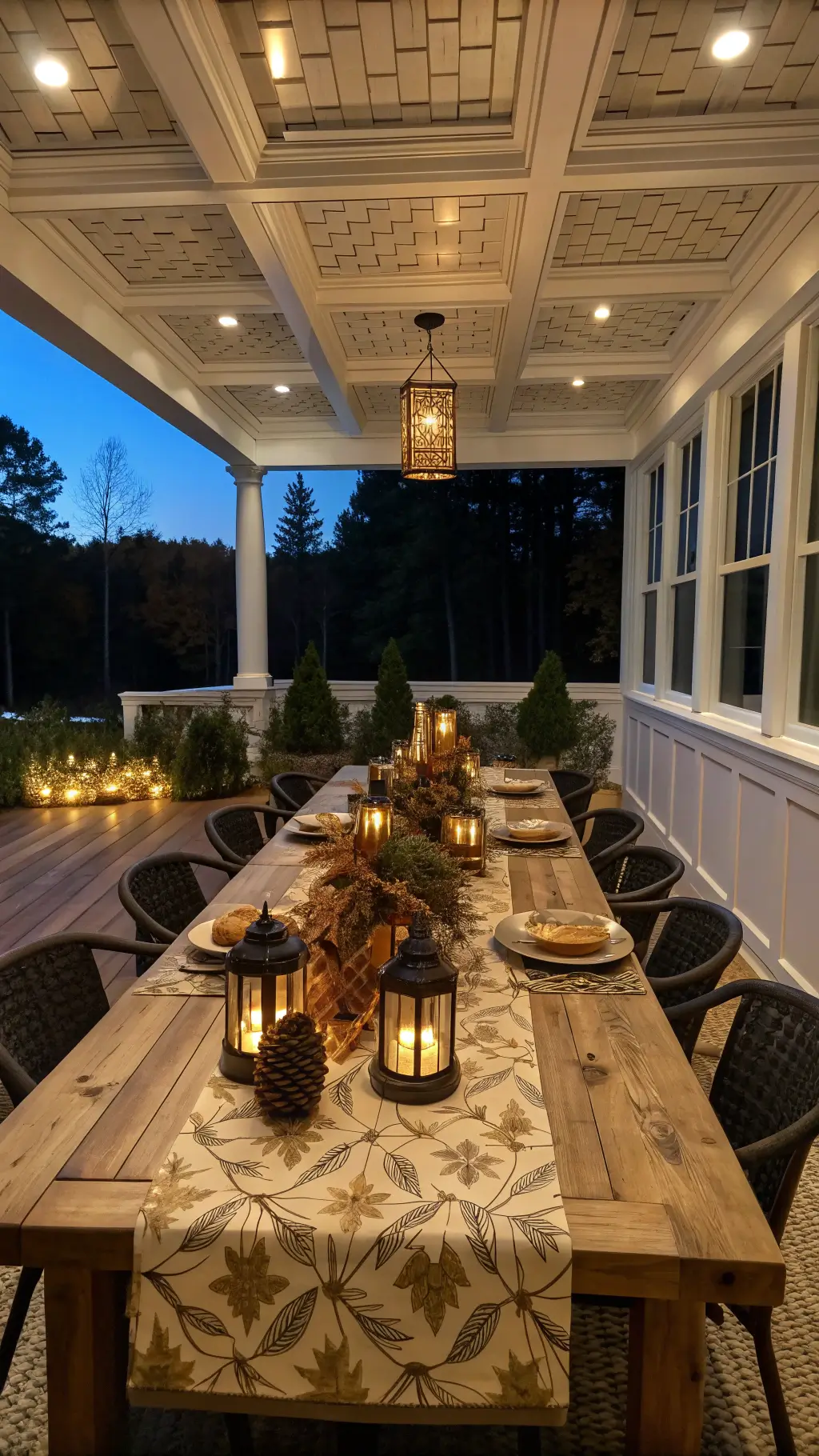 Cozy dining space at dusk with coffered ceiling, rustic oak table and matte black Windsor chairs, highlighted by soft evening light