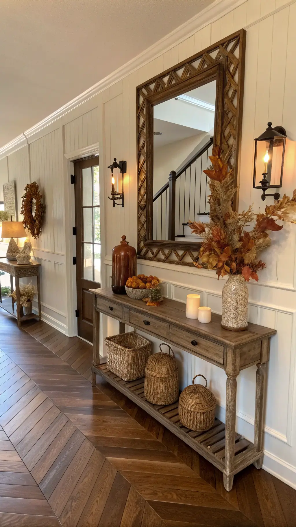 Welcoming entryway with herringbone hardwood floors, cream beadboard walls, vintage console table adorned with autumn elements, and an oversized antique mirror reflecting warm lighting.