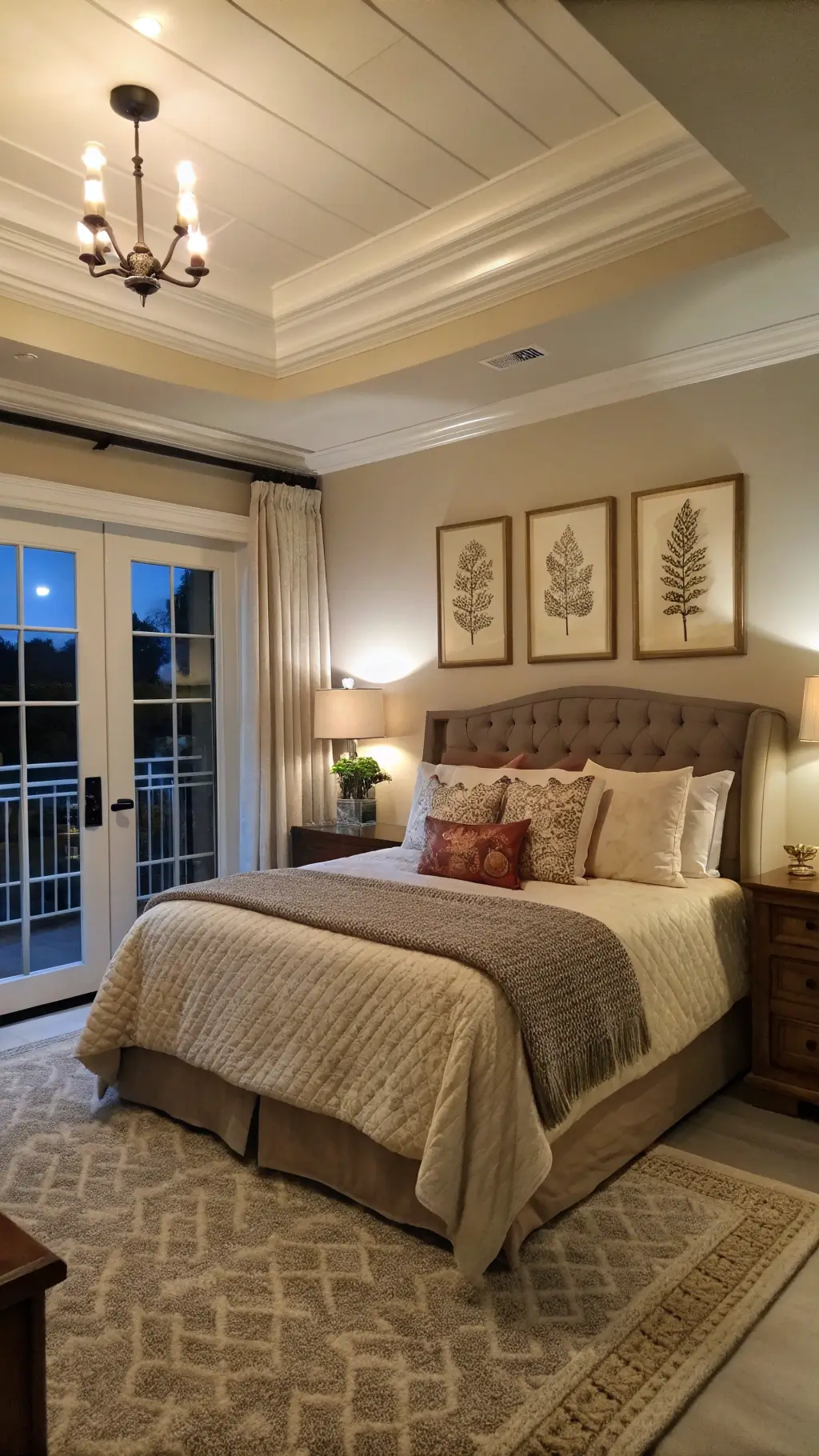 Master bedroom at twilight featuring tray ceiling, French doors, and a king bed adorned with neutral textured layers, complete with DIY leaf art gallery wall, and illuminated by amber glass table lamps.