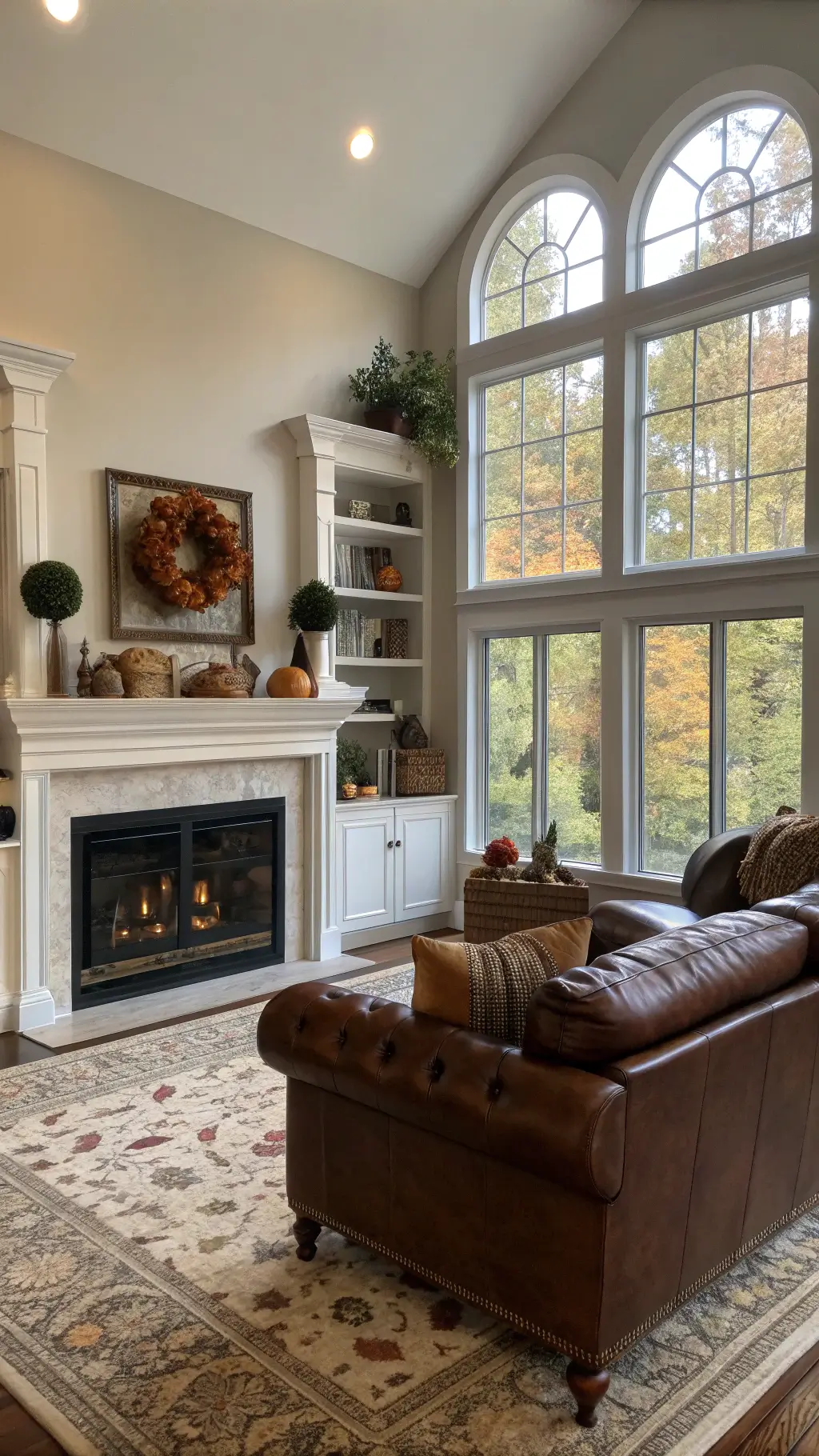 Traditional living room with fireplace, DIY autumn decorations, and leather Chesterfield sofa bathed in afternoon light pouring through arched windows.
