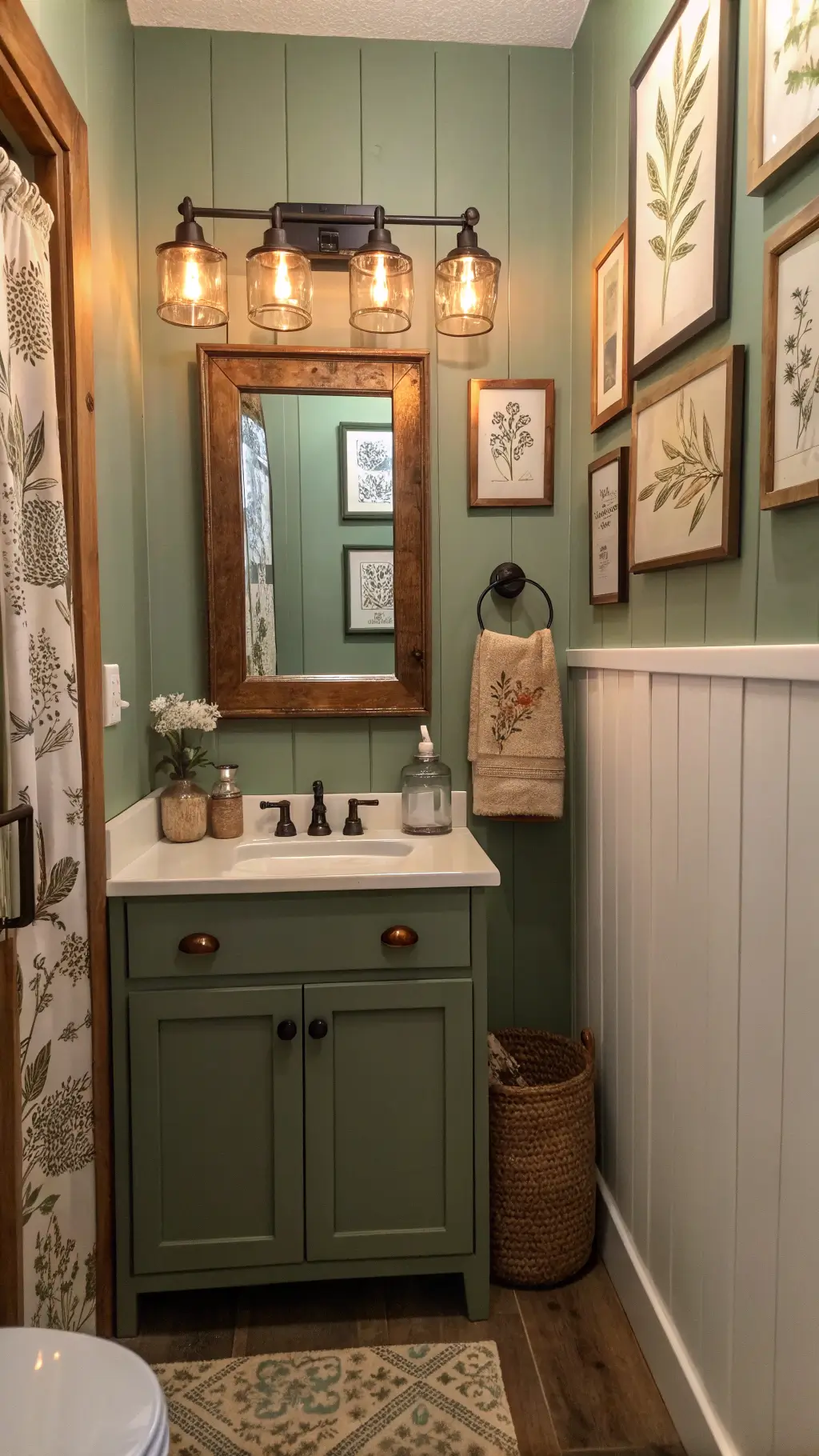 Compact sage green powder room with floating vanity, mason jar sconces filled with fairy lights, and botanical prints in copper frames, viewed from the doorway.