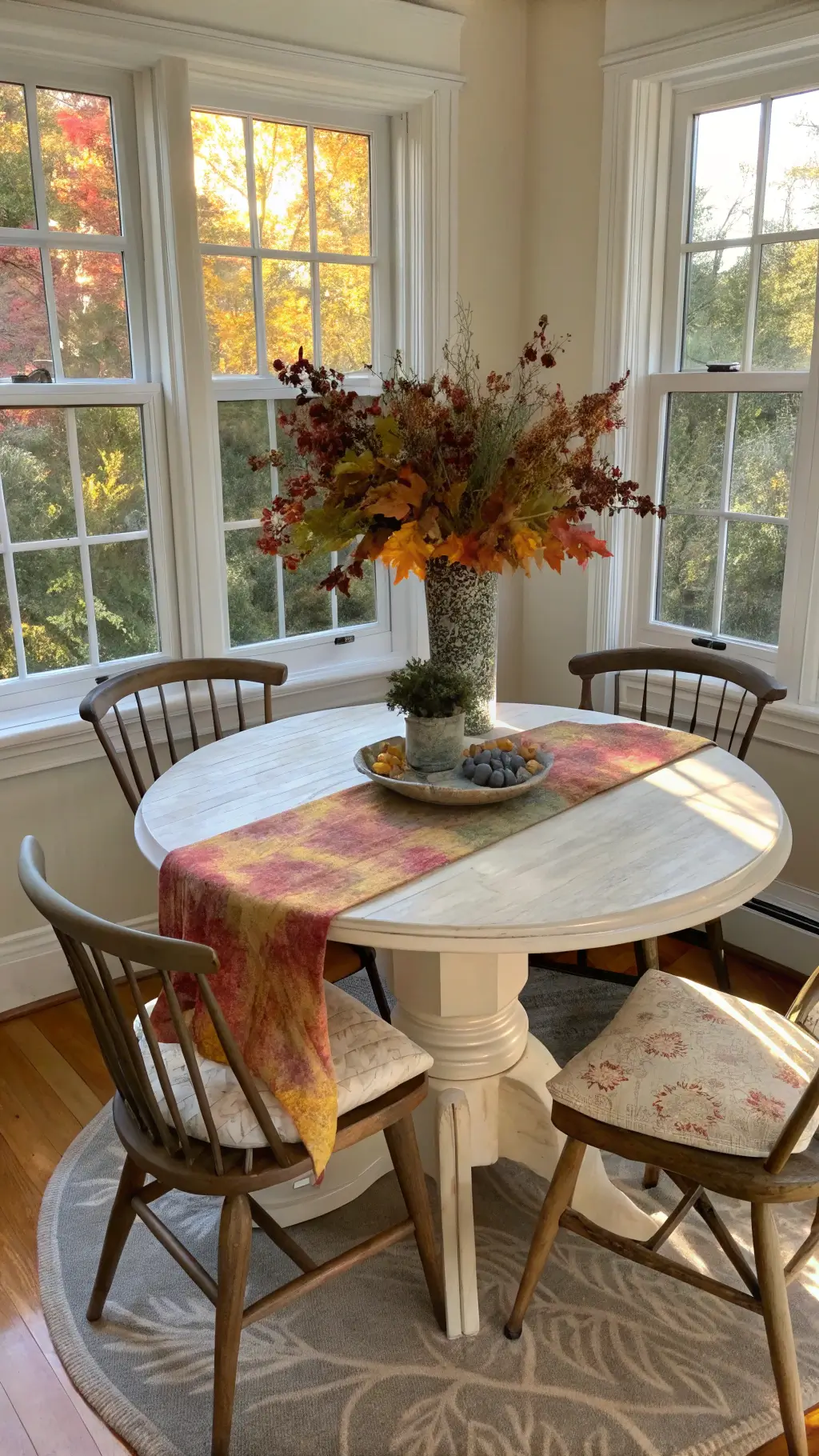 Overhead view of a sunlit 10x10ft breakfast nook with garden views, featuring a round pedestal table with an ombré fall shaded runner, a centerpiece of mercury glass vessels with preserved autumn botanicals, and Windsor chairs with custom leaf-print cushions.