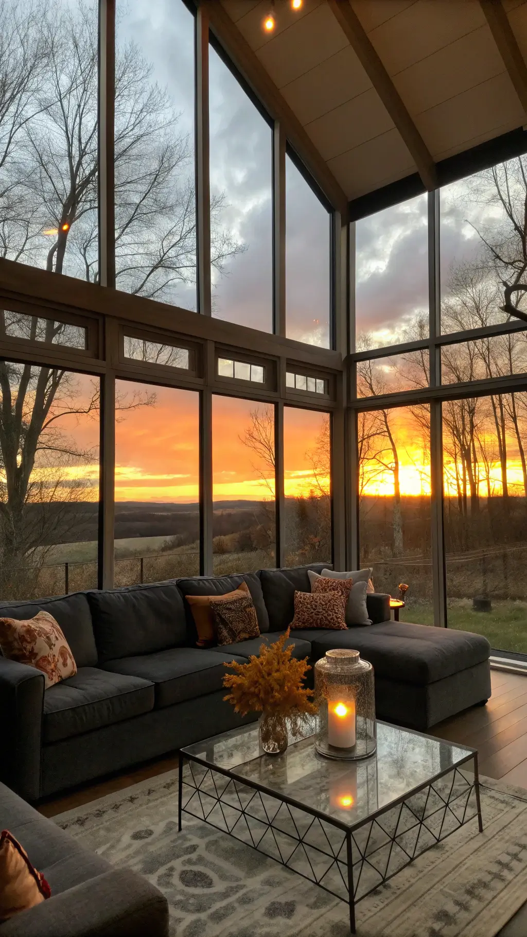Great room with floor-to-ceiling windows showcasing a sunset sky, decorated with a charcoal linen sofa and DIY autumn pillows, styled coffee table with glass hurricane and fairy lights, shot during golden hour from an elevated position.
