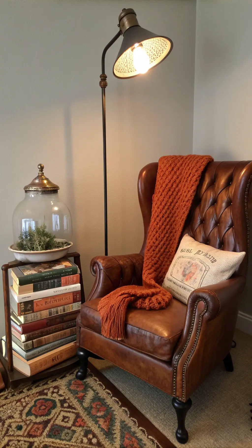 Cozy reading corner with cognac leather wingback chair, pumpkin-knit throw, vintage floor lamp, and a side table with vintage books and autumn terrarium.
