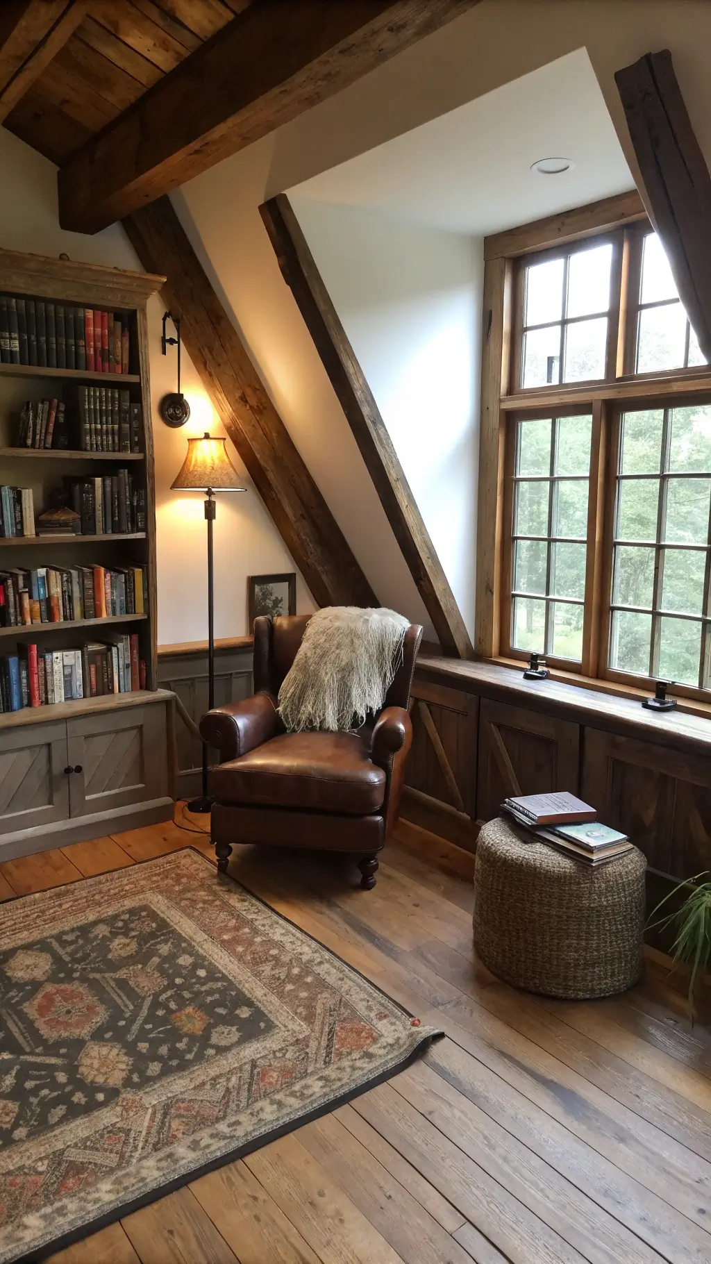 12x15ft cozy loft retreat with slanted ceiling, original barn beams, afternoon light filtering through dormer windows, reading nook with oversized leather armchair and sheepskin throw, built-in dark walnut bookshelf, vintage industrial floor lamp, and jute rug over wooden floors.