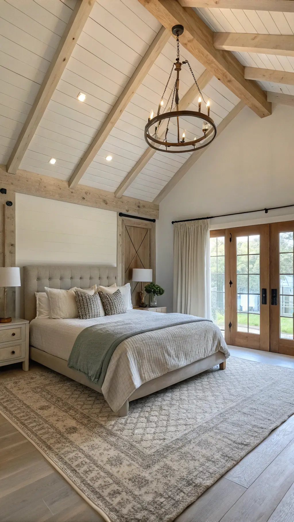 Serene, spacious 16x20ft master suite featuring whitewashed ceiling beams, a natural oak king bed under a pendant light, layered bedding in tones of ivory, grey, and sage, sliding barn doors to ensuite bathroom, and morning light streaming through linen curtains.