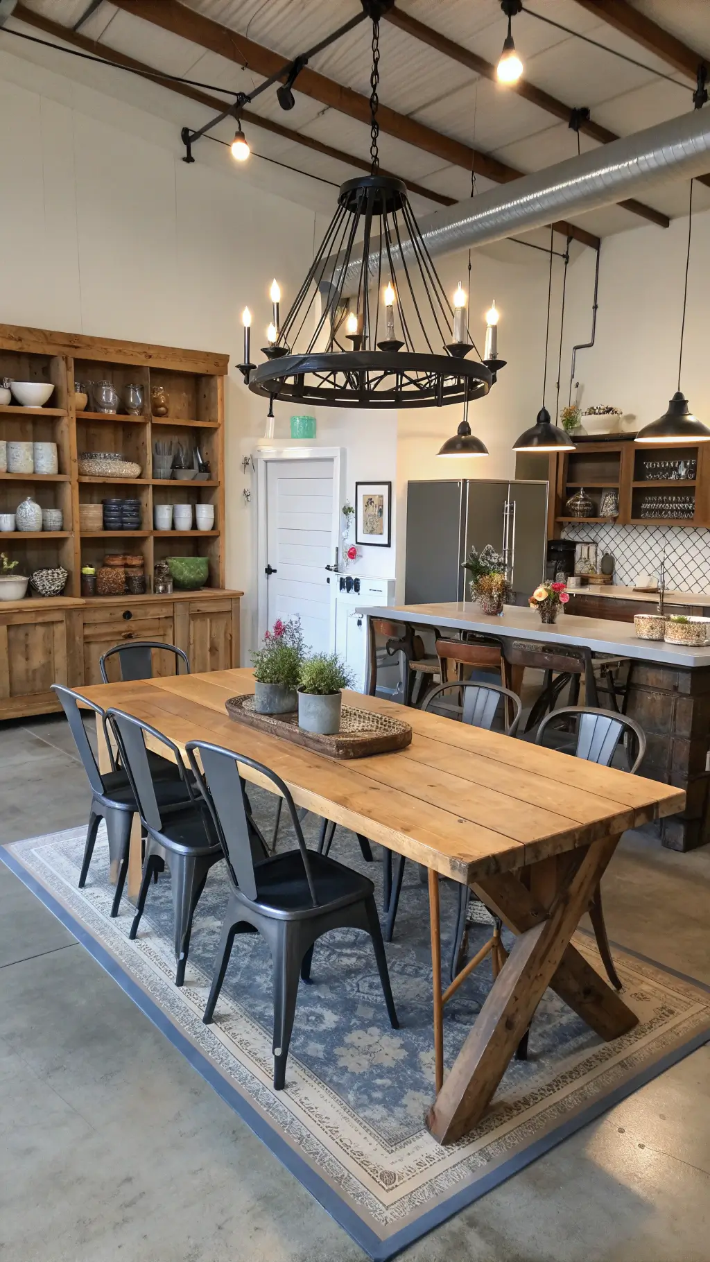 Industrial dining area with reclaimed wood table, vintage metal chairs, large black metal chandelier, open shelving with ceramics, and concrete floors with a vintage runner, during blue hour lighting.