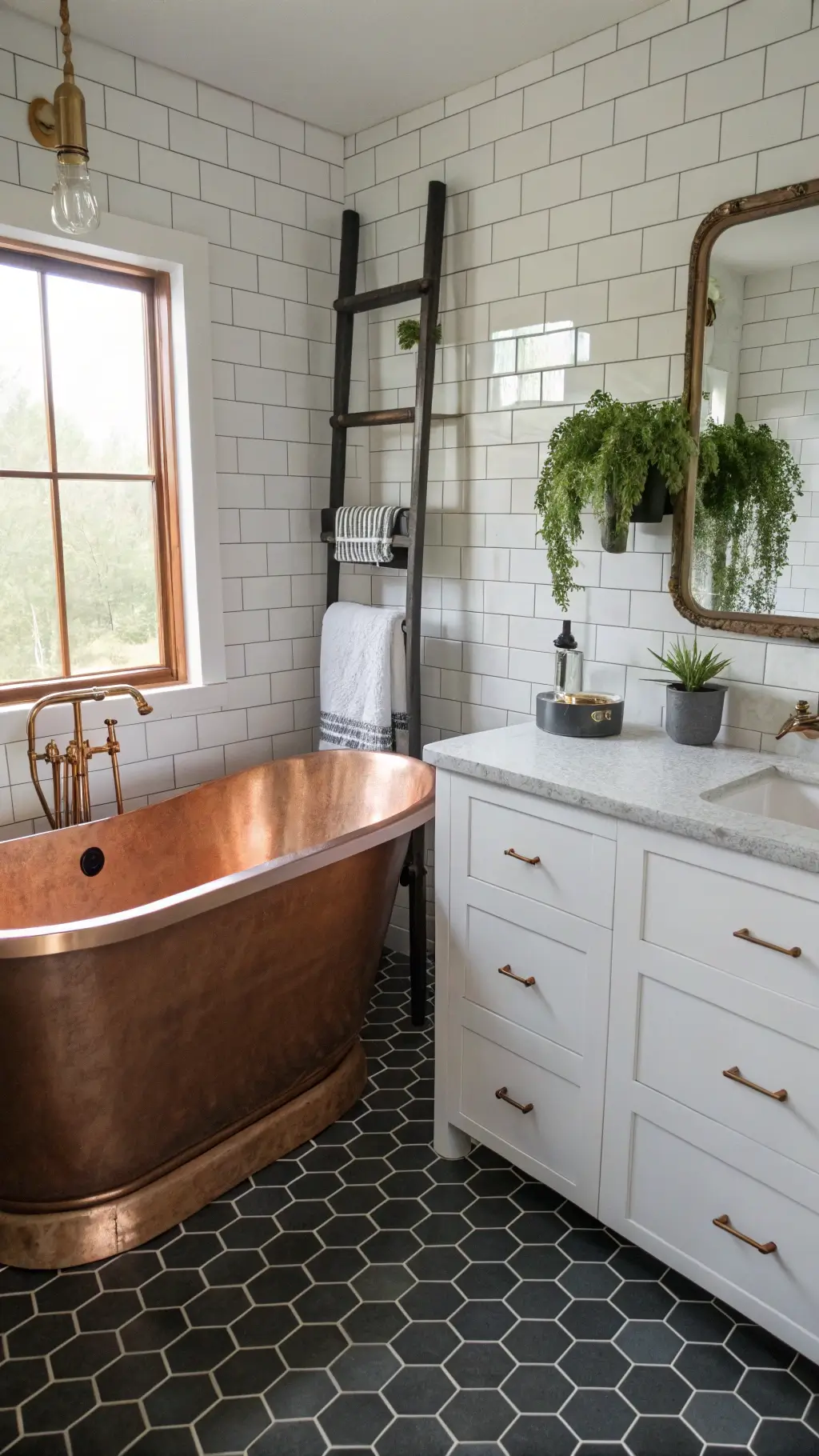 Rustic farmhouse bathroom with copper tub, white subway tiles, black hexagonal floor, concrete vanity, brass fixtures, vintage ladder towel rack, and plant decor bathed in soft natural light from frosted window.