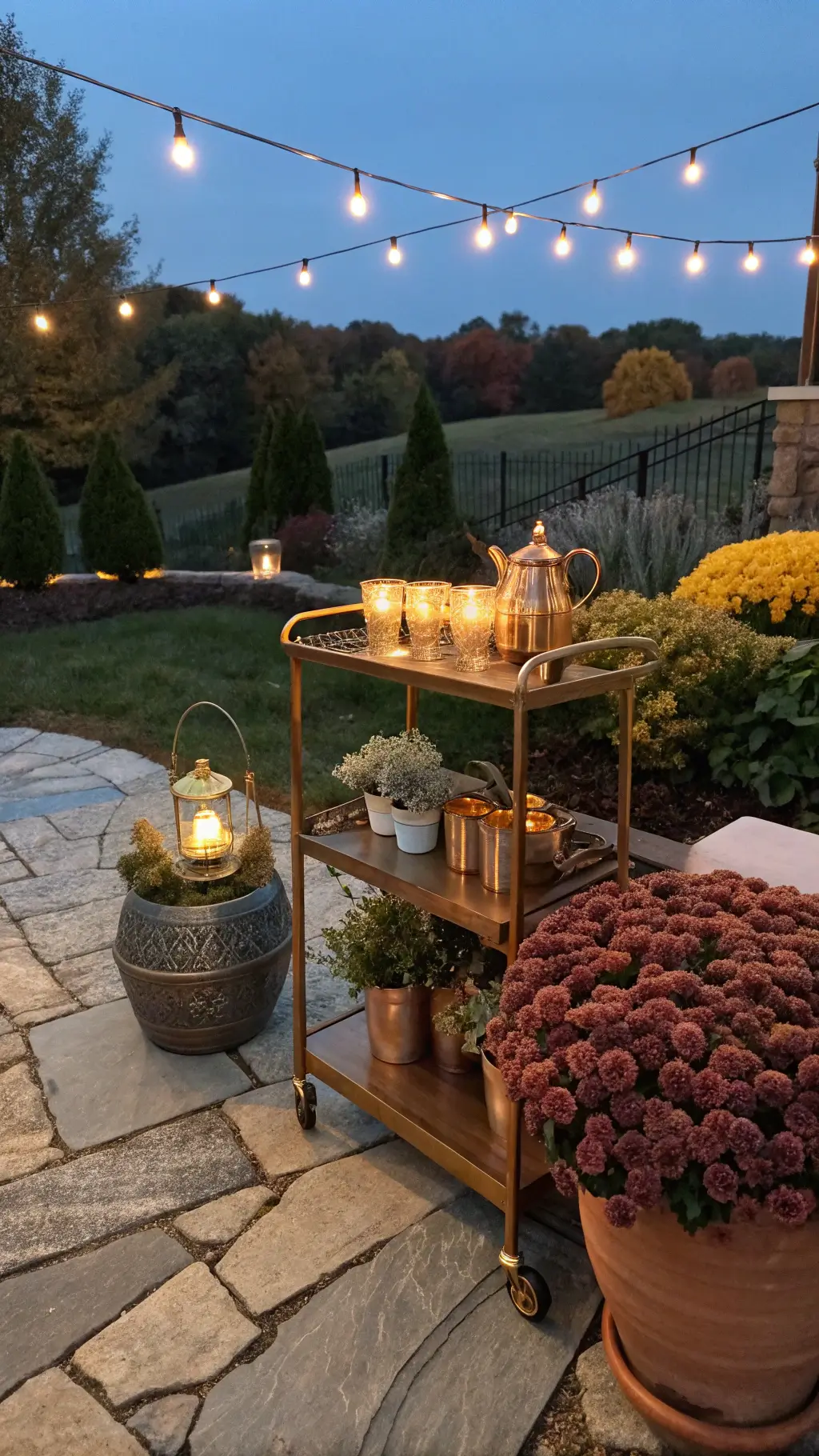 Twilight garden cocktail setting with stone terrace, vintage brass bar cart, carved wooden serving boards, and copper moscow mule mugs under warm market lights. Potted mums and ornamental kale in terra cotta, and intimate conversation areas viewed at standing guest height. Long exposure captures twinkling lights and dusky sky.