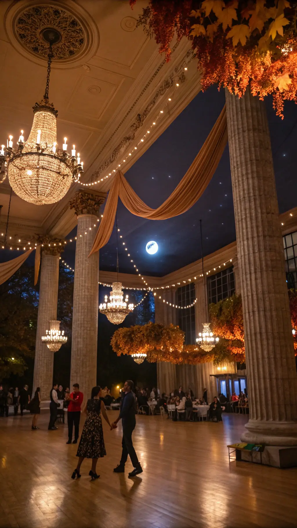 Historic ballroom with dimmed crystal chandeliers, amber uplighting on columns, fabric draping with string lights overhead, wooden dance floor and harvest moon backdrop with autumn garland, blurred dancing guests.
