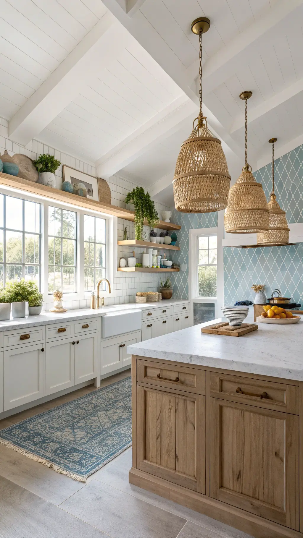 Open-concept coastal kitchen illuminated by mid-morning sunlight, featuring handmade blue and white mosaic backsplash, white oak cabinets with brass hardware, limestone countertops, open shelving with pottery and glassware, woven pendant lights above a marble island, and herbs in terracotta pots on window sills.
