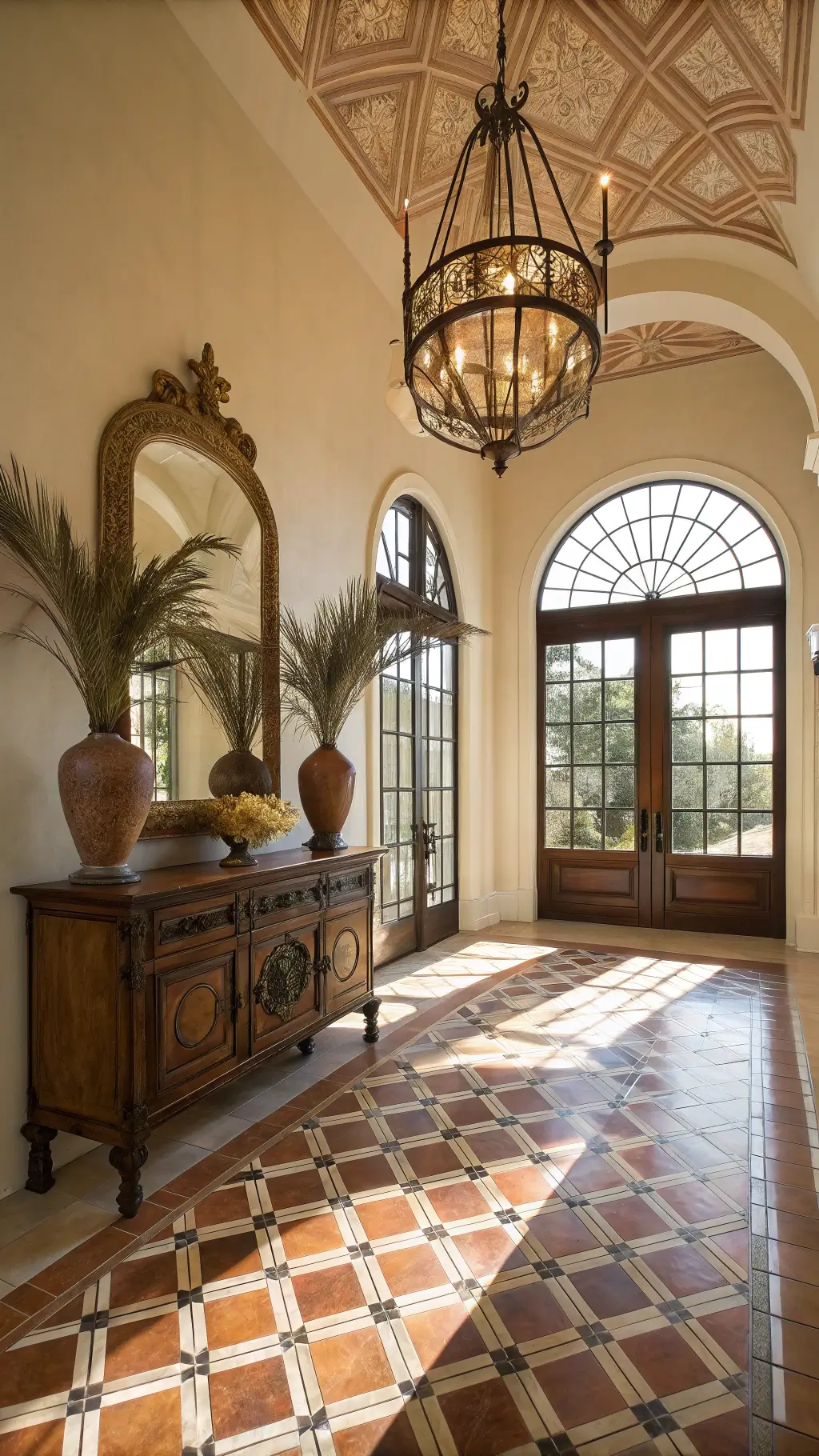 Grand entrance foyer featuring an antique wooden console, brass-framed oversized mirror, and handmade geometric tile flooring in terracotta and cream, bathed in afternoon light through a large arched iron window, complemented by dramatic shadows from a wrought iron pendant light.