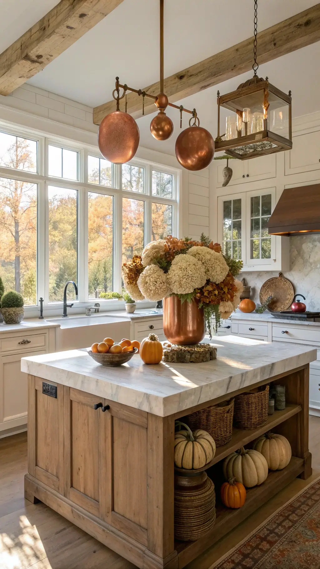 Sunlit farmhouse kitchen with weathered wooden island, vintage copper pots, cream cabinets, and autumnal pumpkin display.