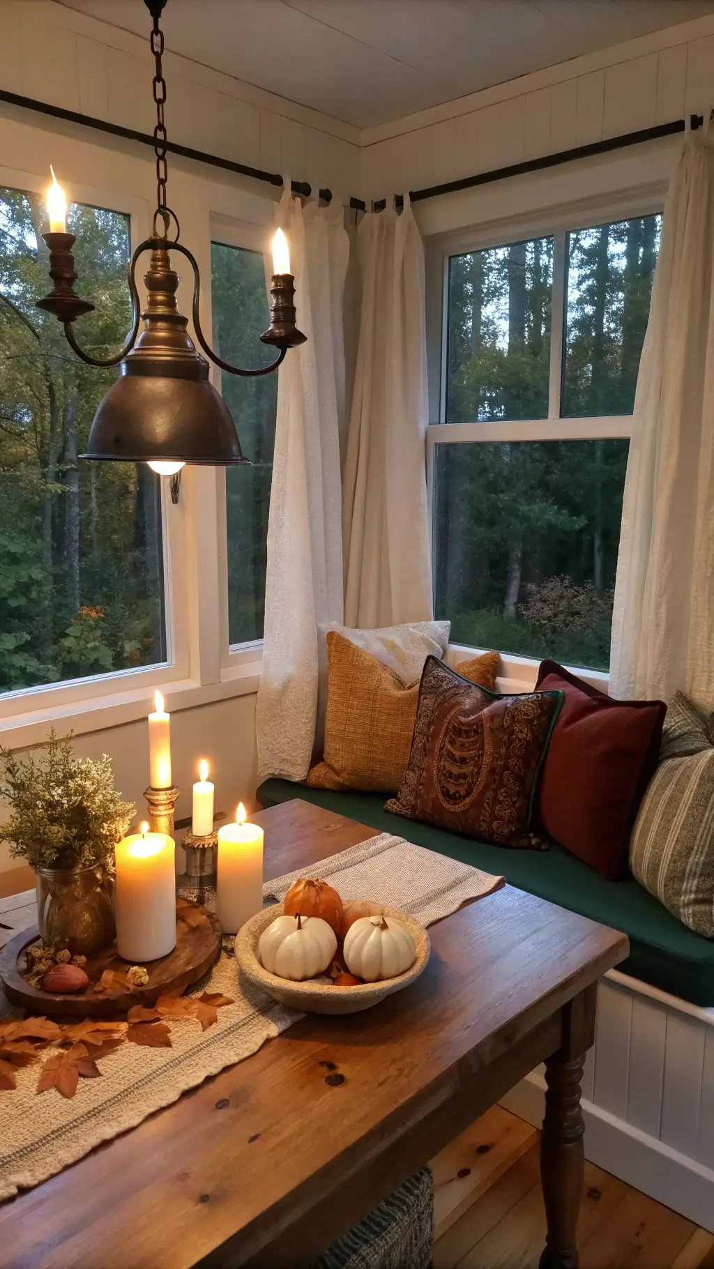 Cozy kitchen nook with dusk light filtering through cafe curtains, forest green window seat with mustard and rust pillows, wooden table with ceramic bowl of mini white pumpkins and oak leaves, vintage brass candlesticks with cream candles, overhead black iron pendant lamp, chunky oatmeal knit throw, earthenware pottery, and vintage runner with autumn motifs.