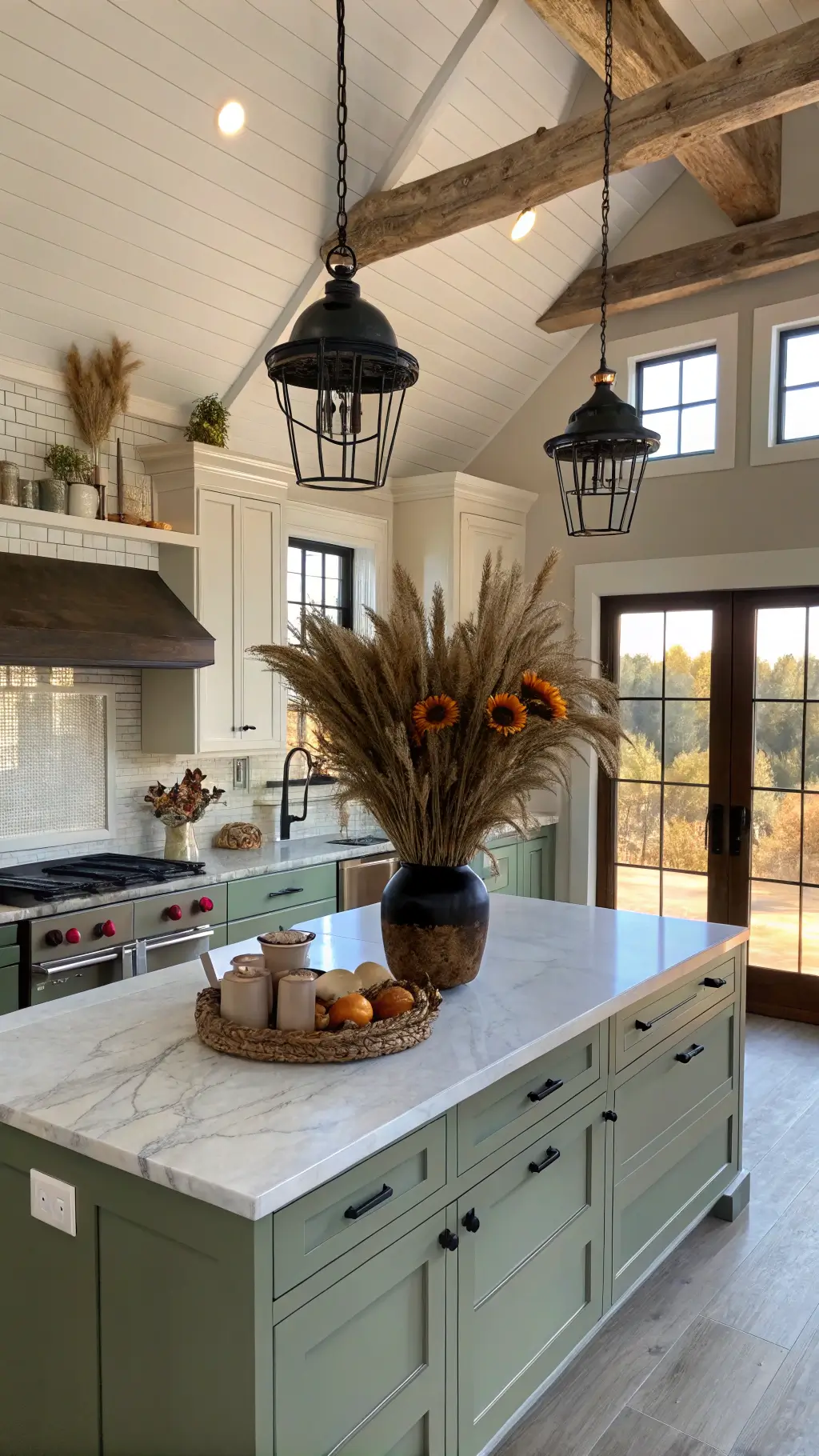 High angle view of a spacious farmhouse kitchen with sage green cabinets, 6ft marble-topped island, autumn-themed centerpiece, and an assortment of ceramic mugs on open shelving.
