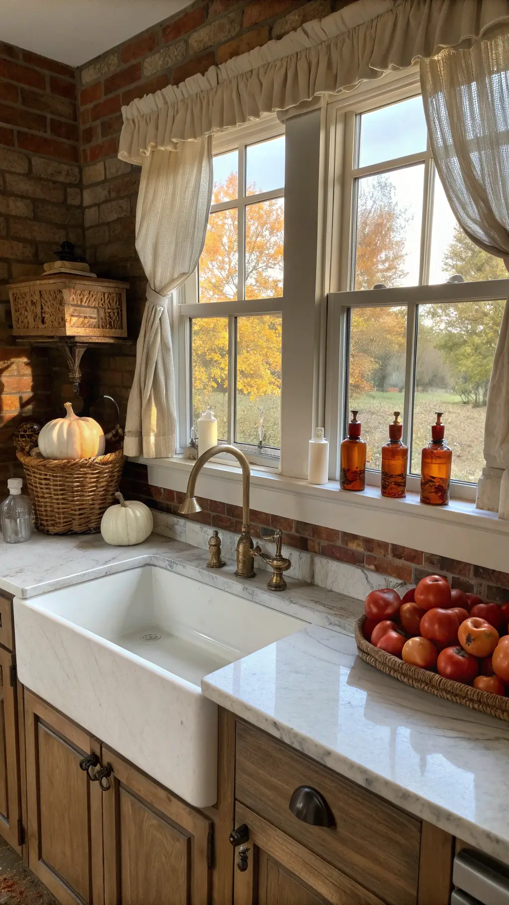 Cottage kitchen with brick walls, farmhouse sink under windows with café curtains, white pumpkins, brass candlesticks on windowsill, marble countertop with vintage scale and red apples, amber glass bottles, and rich autumn textures.