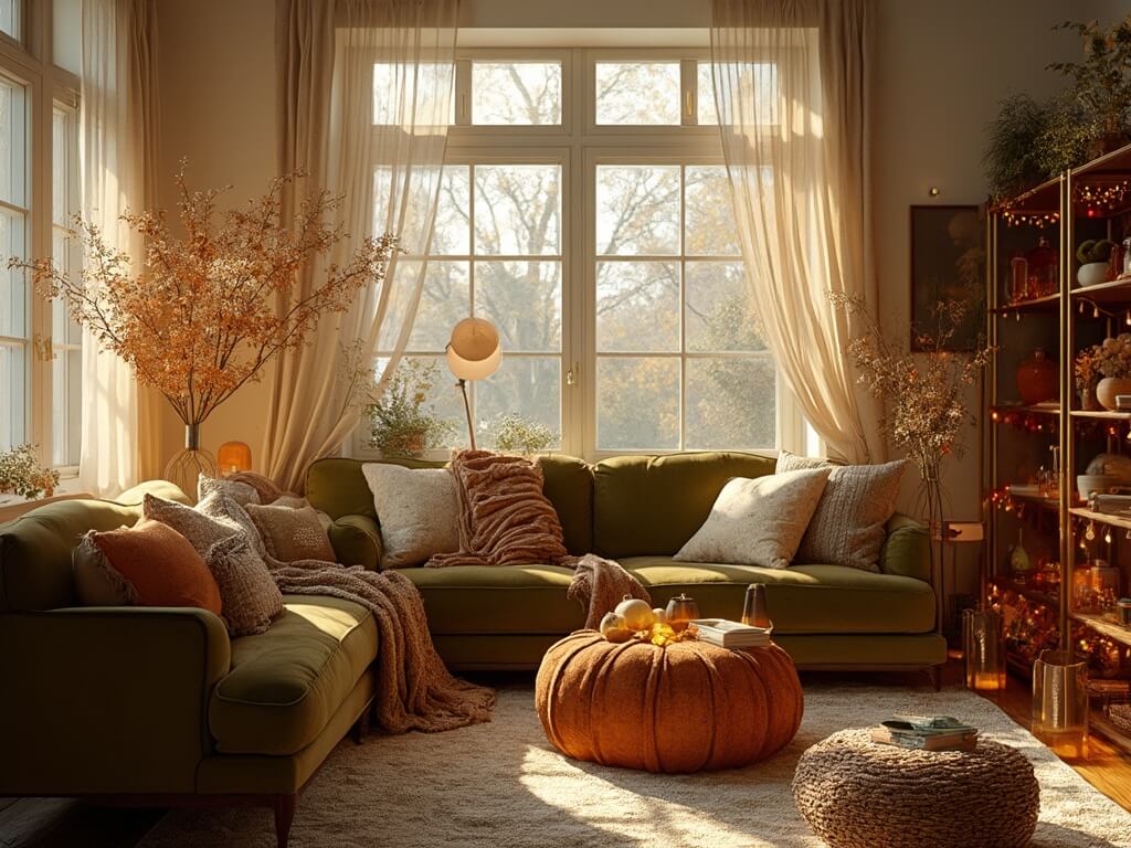 "Spacious living room with a comfortable olive green sofa, covered in burnt orange and cream throws, a vintage brass etagere decorated with amber glass vessels and dried hydrangeas, lit by a brass floor lamp and copper lanterns during golden hour"