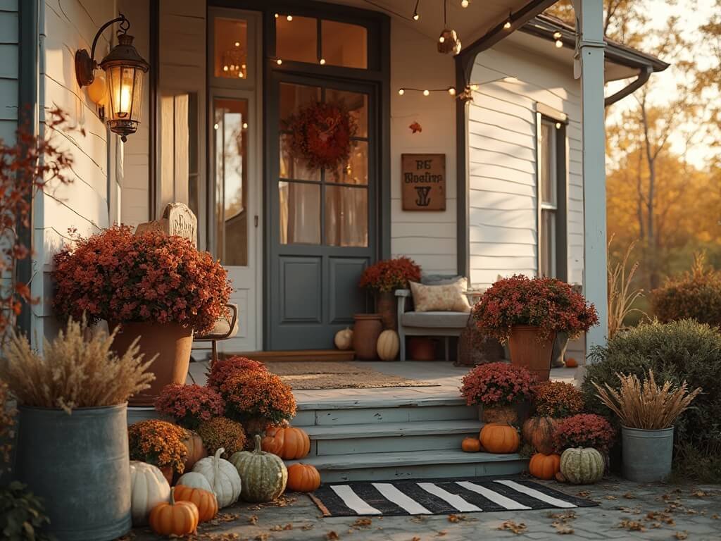 "Rustic farmhouse porch at golden hour with antique lanterns, overflowing chrysanthemums, heirloom pumpkins, string lights, and autumn decor"