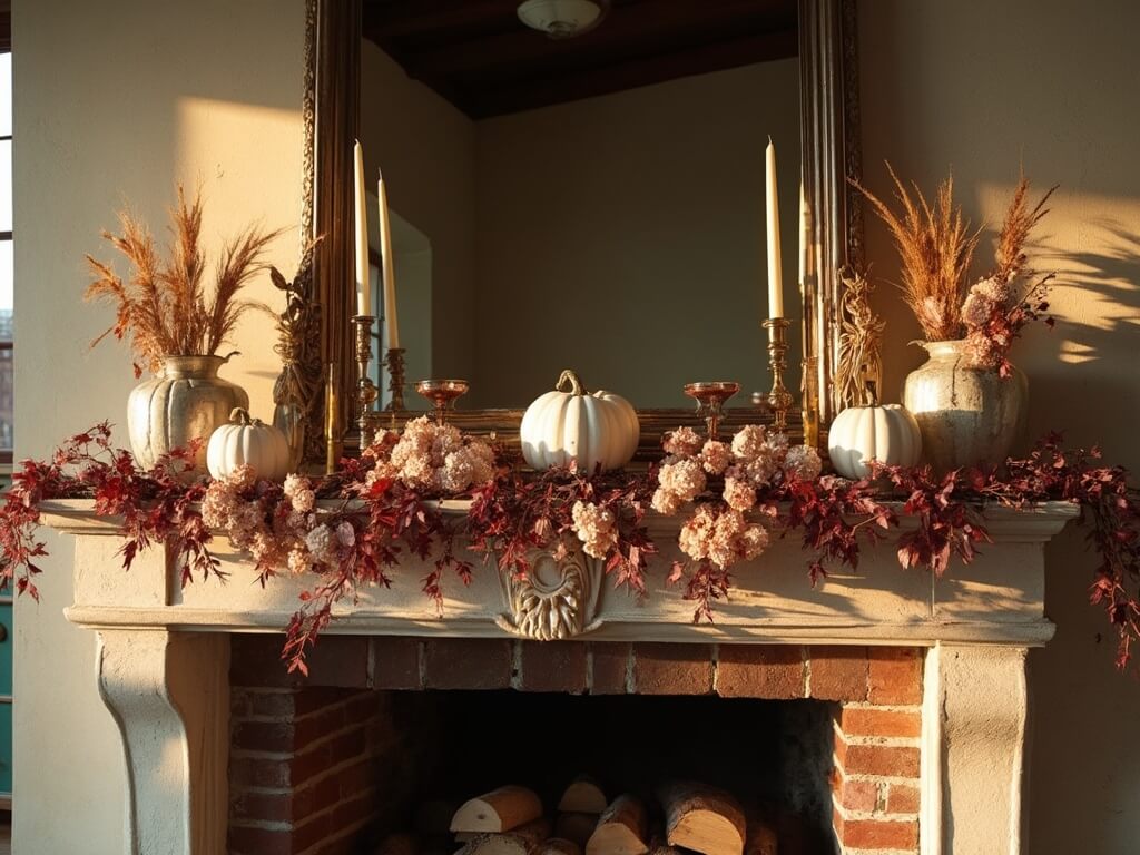 "Grand limestone fireplace mantel decorated with ceramic pumpkins, brass candlesticks, preserved oak leaves garland, and metallic accents in warm autumn tones at golden hour"