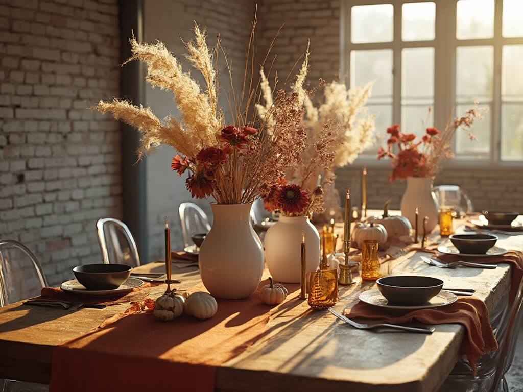 "Elegant autumn dining table with harvest decor on rustic wood in a sunlit room with ghost chairs, matte stoneware, brass candlesticks and pumpkins"