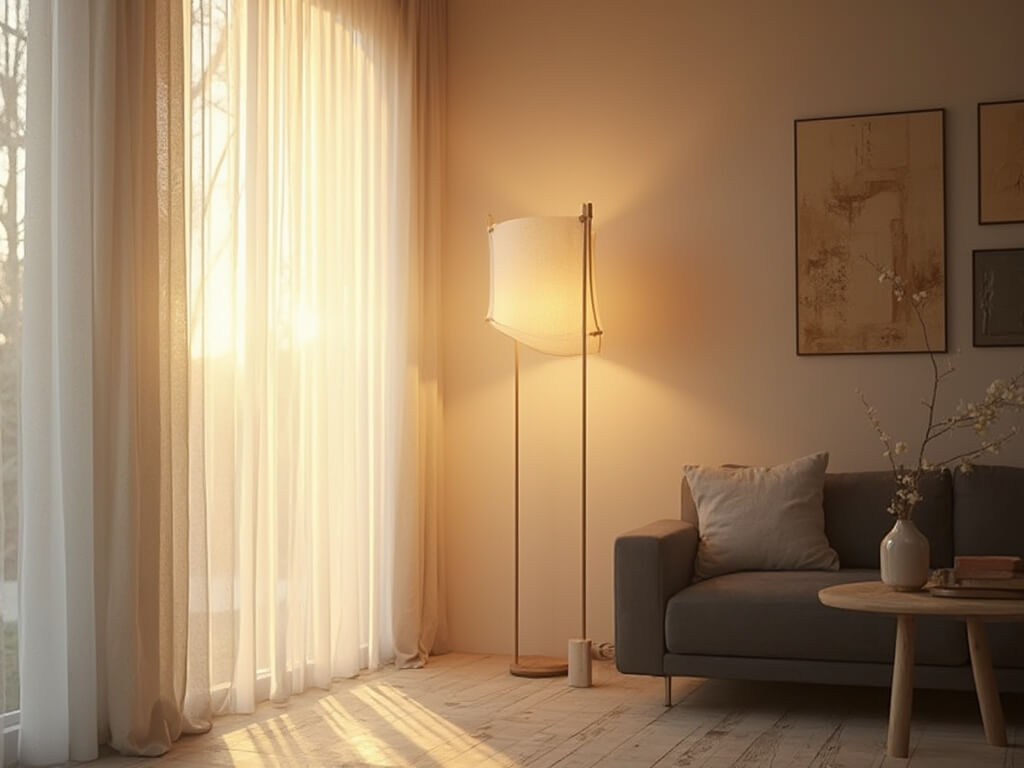 "Minimalist Japandi living room with a floor lamp casting golden hour light, complemented by a charcoal linen sofa, ceramic vase with ikebana arrangement, and brass accents"