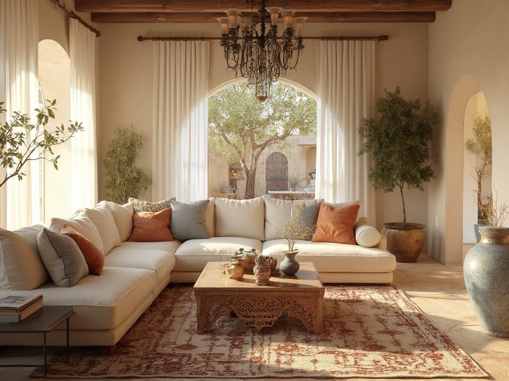 "Mediterranean sunlit living room with beige sectional, wooden coffee table, blue ceramic accents, and potted olive trees by arched windows"
