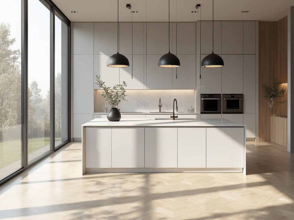 "Minimalist Scandinavian kitchen with white cabinets, Calacatta marble island, and natural lighting"