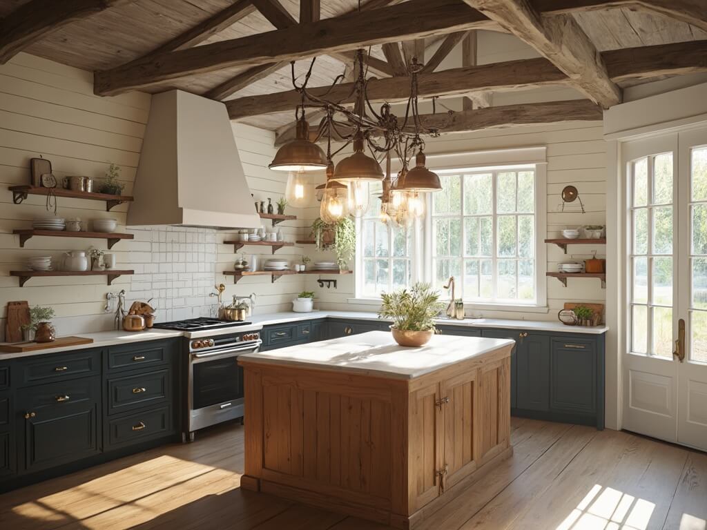 "Sunlit farmhouse kitchen featuring rustic lighting fixtures, distressed wood, and vintage decor in warm tones of cream, copper and black."