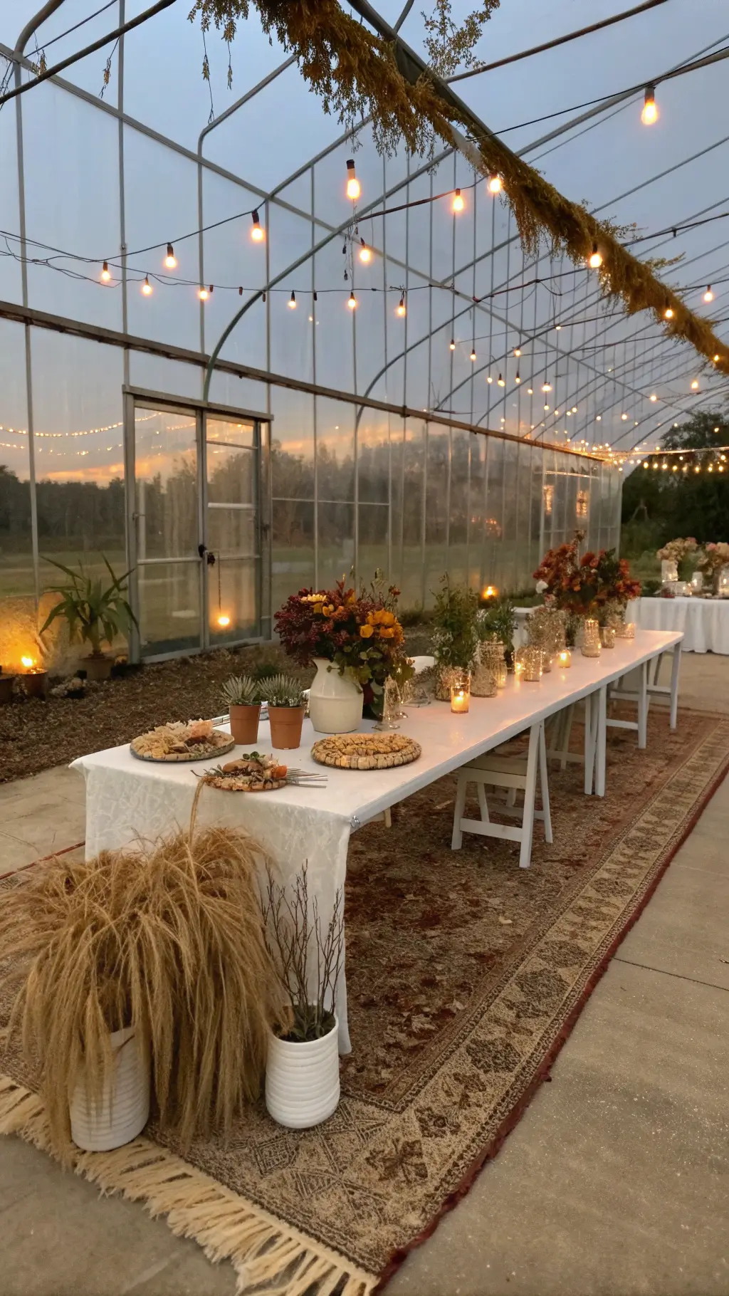 Dusk-lit greenhouse venue with trailing vines, string lights, an 8-foot acrylic table with textured runner, white ceramic vessels with Autumnal flowers, rose gold terrariums with votives, and a twilight glow through the glass walls.