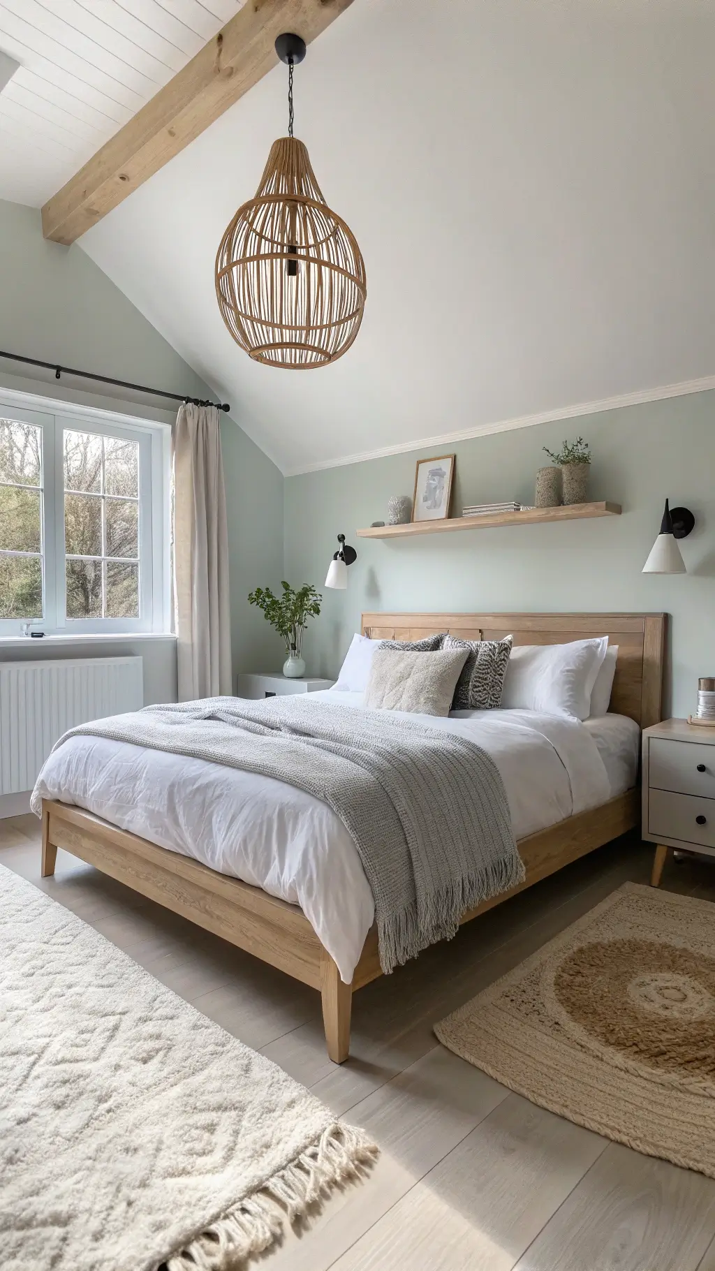 Scandinavian bedroom design with light-filled 14x16ft space, bleached oak bed frame with white linen and gray throw, sage accent wall, rattan pendant light casting geometric shadows, sheepskin rug, minimal white ceramic decorations, and clean lines captured by a wide angle lens.