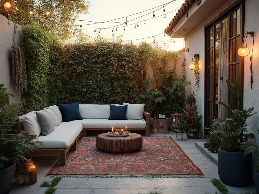"Intimate backyard garden at sunset featuring sectional lounge, kilim rug, vertical plant wall, string lights, copper lanterns, stone pavers, black planters, white stucco walls and macramé plant hangers."