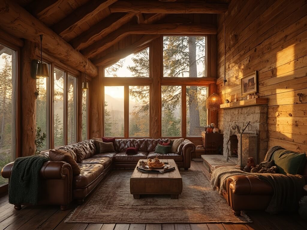 "Cozy 400 sq ft cabin great room with floor-to-ceiling windows, exposed Douglas fir ceiling beams, and barn wood walls during golden hour"