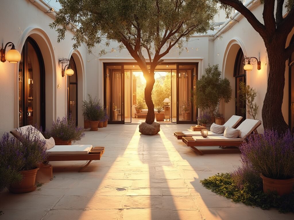 "Mediterranean courtyard with ancient olive tree, lavender-filled terracotta pots, modern teak loungers, carved stone fountain, and string lights at sunset"