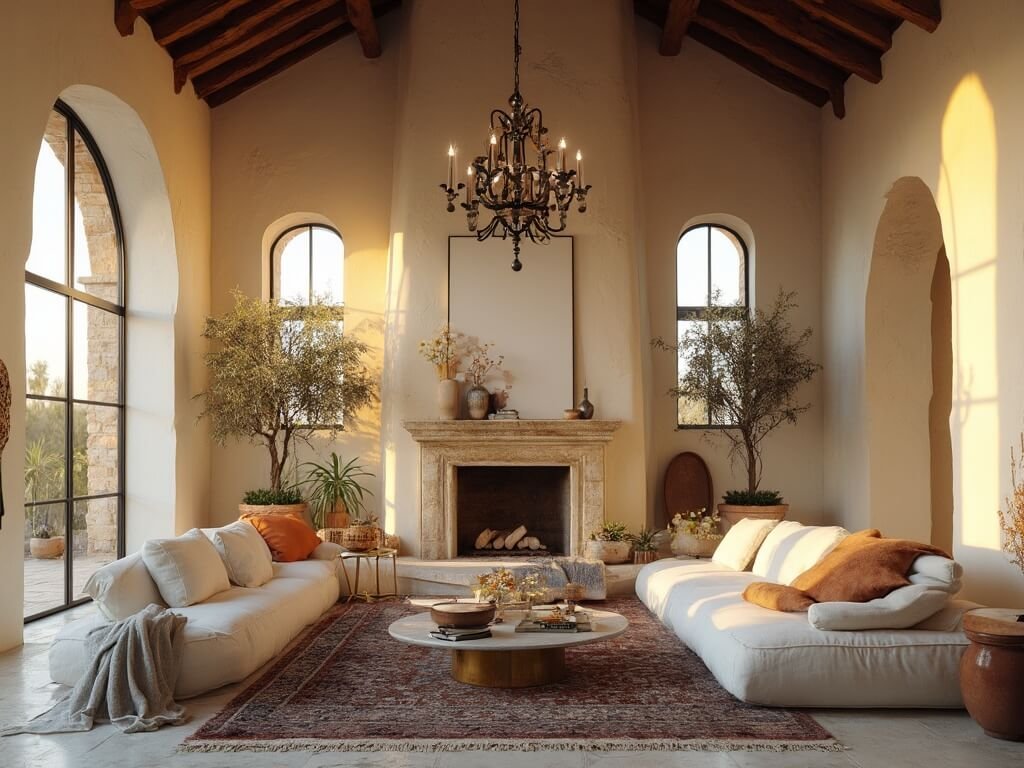 "Mediterranean living room bathed in golden hour light with cream linen sofa, terracotta pottery, olive trees, limestone fireplace, and Persian rug, captured in high resolution, cinematic interior photography"