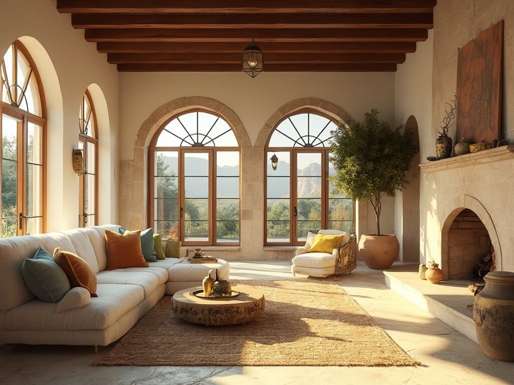 "Mediterranean living room with sunlit arched windows, wooden beam ceiling, white linen sectional with colorful pillows, and antique decor under golden hour light."