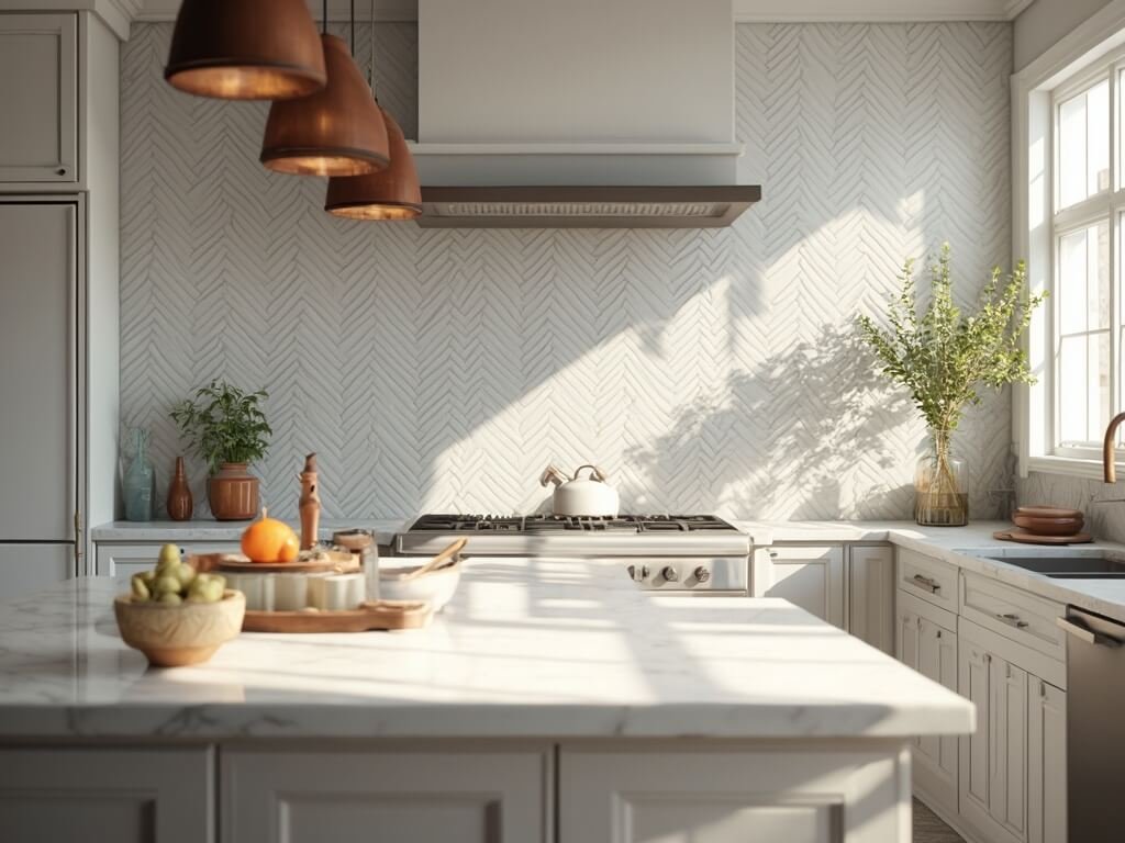 "Sunlit modern farmhouse kitchen with grey herringbone tile backsplash, white cabinets, Carrara marble countertops, and professional stainless steel appliances"