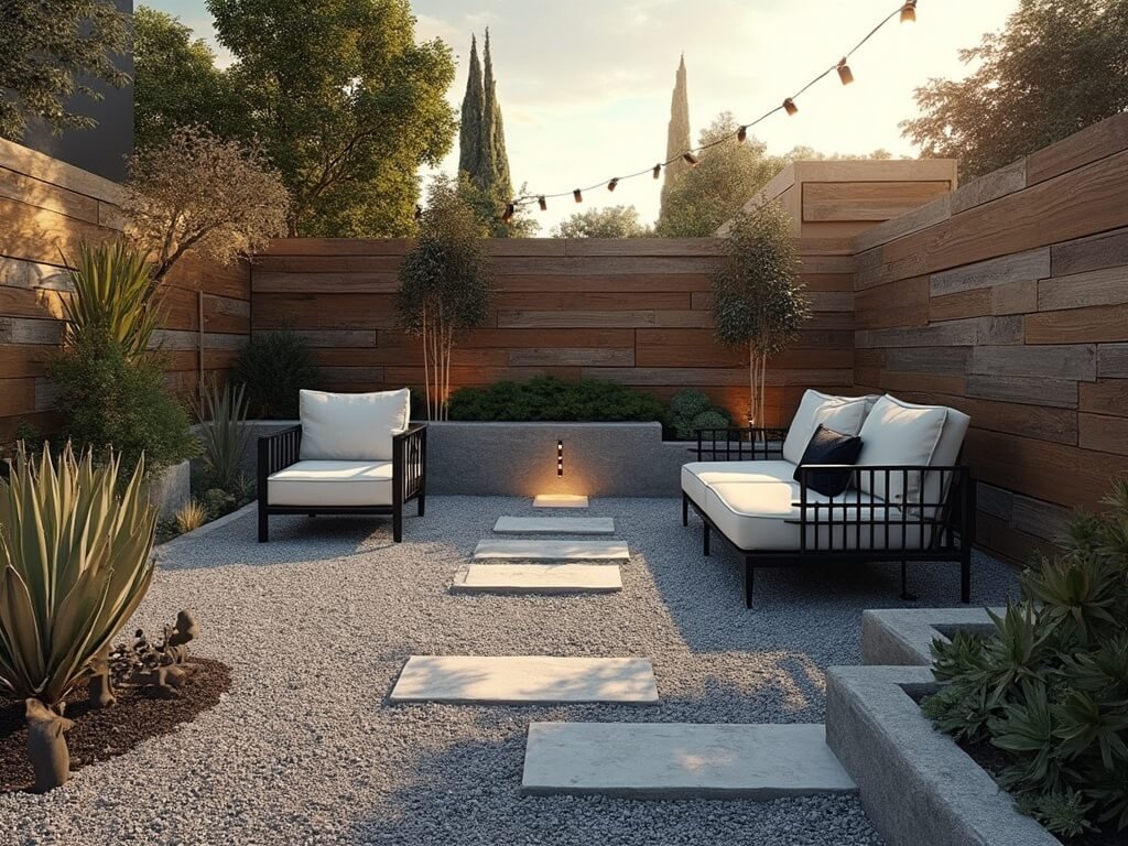 "Modern gravel backyard with minimalist black furniture, architectural plants, warm sunlight, and professional landscape lighting at golden hour"