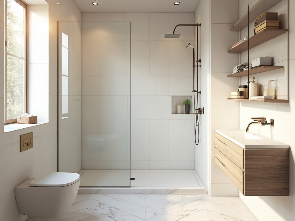 "Modern luxurious small bathroom with floating vanity, wall-hung toilet, frameless glass shower, and herringbone marble floor"