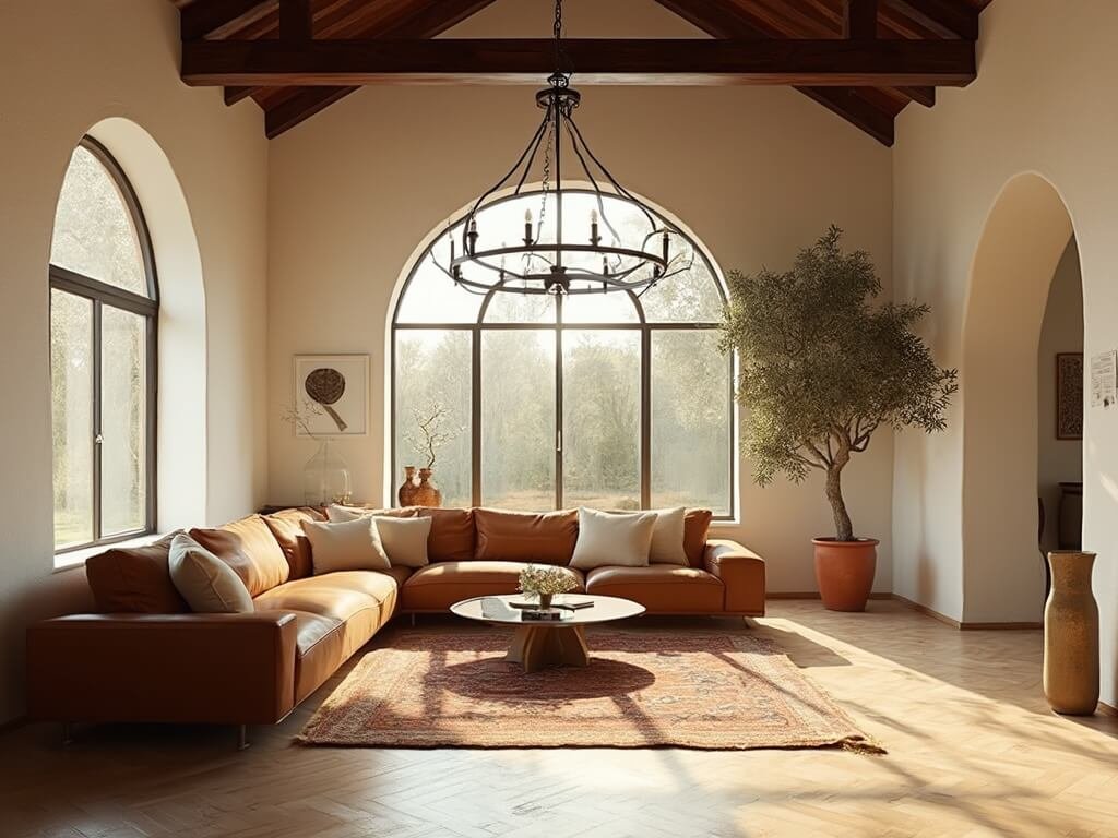 "Sunlit Spanish Revival living room with vaulted ceiling, architectural details, minimalist leather sectional, and textured decor during golden hour"