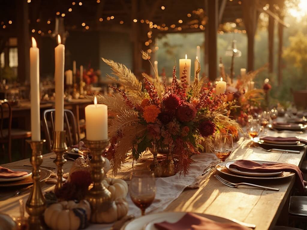 "Rustic autumn wedding tablescape with warm tones, pampas grass centerpiece, and copper accents in a barn setting at golden hour"
