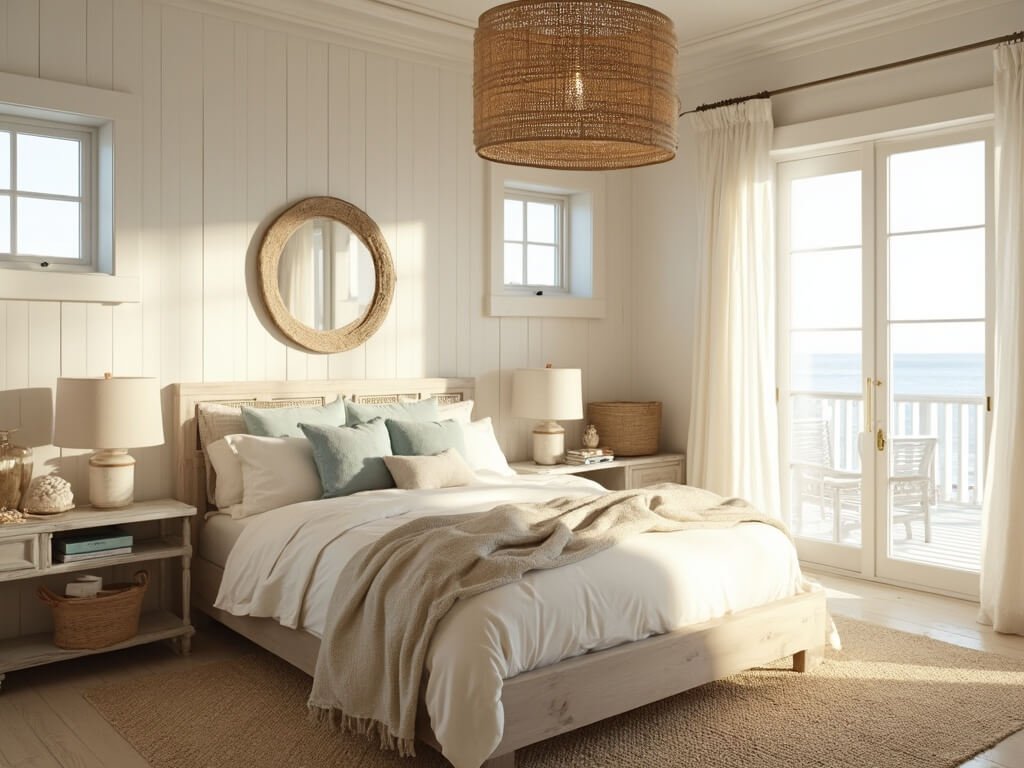 "Sunlit coastal bedroom with white shiplap walls, oak platform bed, linen bedding, oceanic accents, and rattan pendant light."