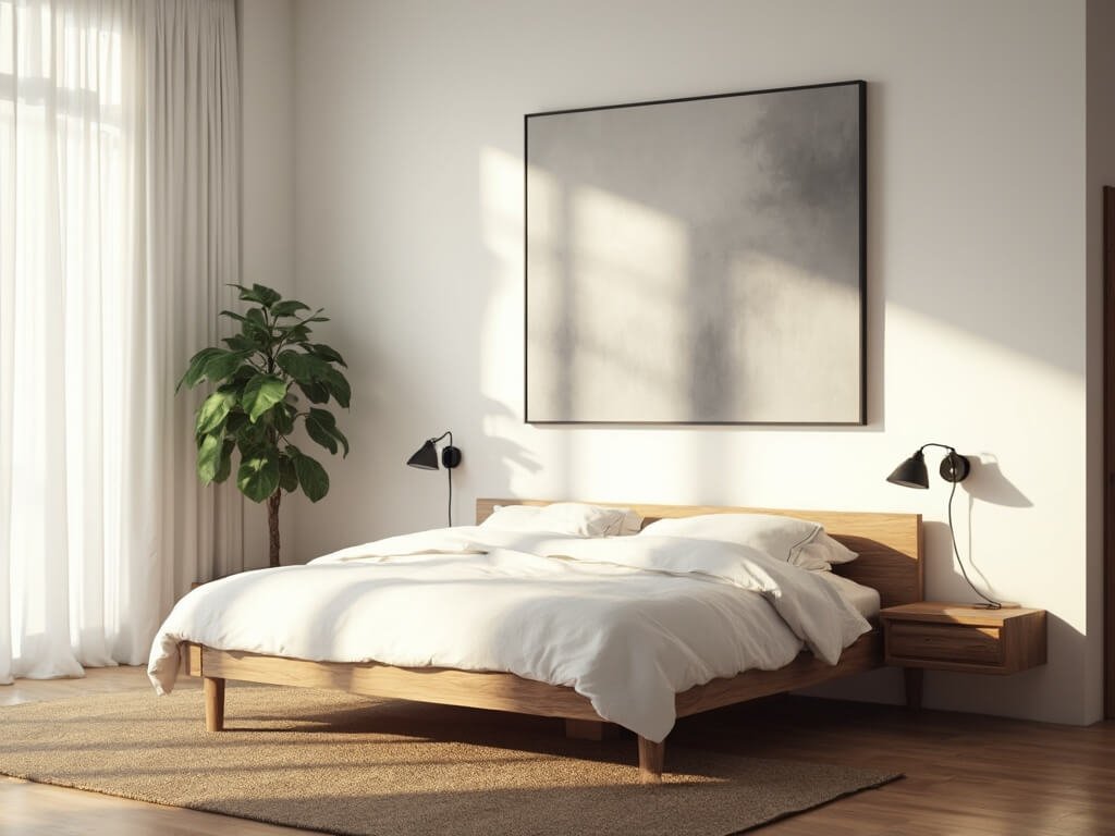 "Serene minimalist bedroom with morning light illuminating oak platform bed, artwork, and fiddle leaf fig plant"